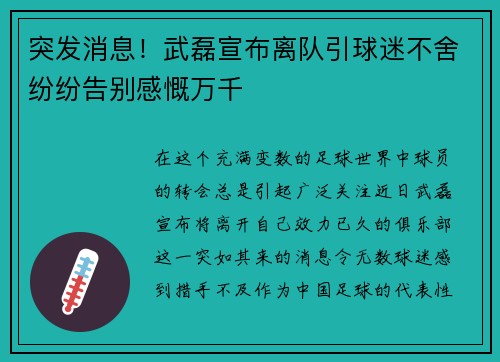 突发消息!武磊宣布离队引球迷不舍纷纷告别感慨万千 突发消息!武磊宣布离队引球迷不舍纷纷告别感慨万千
