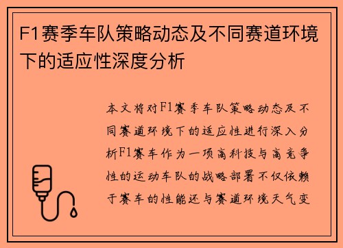 F1赛季车队策略动态及不同赛道环境下的适应性深度分析 F1赛季车队策略动态及不同赛道环境下的适应性深度分析