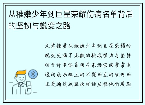 从稚嫩少年到巨星荣耀伤病名单背后的坚韧与蜕变之路