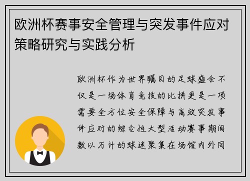欧洲杯赛事安全管理与突发事件应对策略研究与实践分析